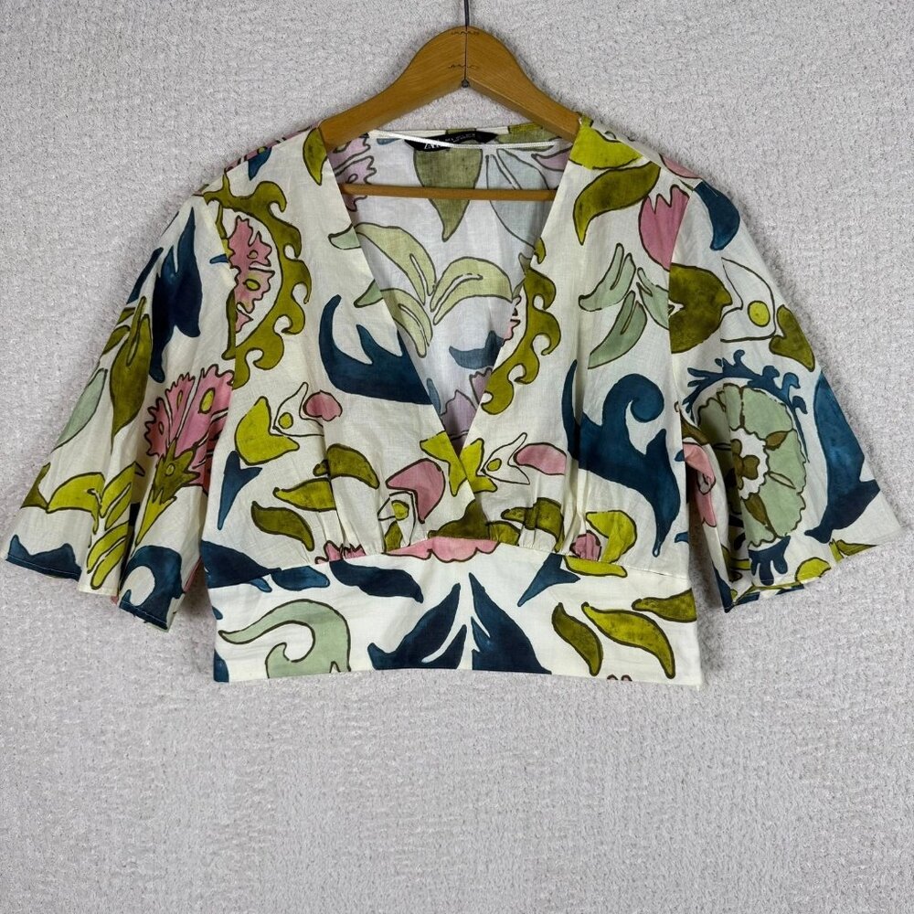 Zara Floral Print Crop Top Blouse V Neck Short Sleeve